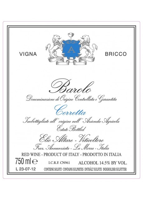 Etichetta Barolo DOCG Elio Altare Cerretta Vigna Bricco 2008