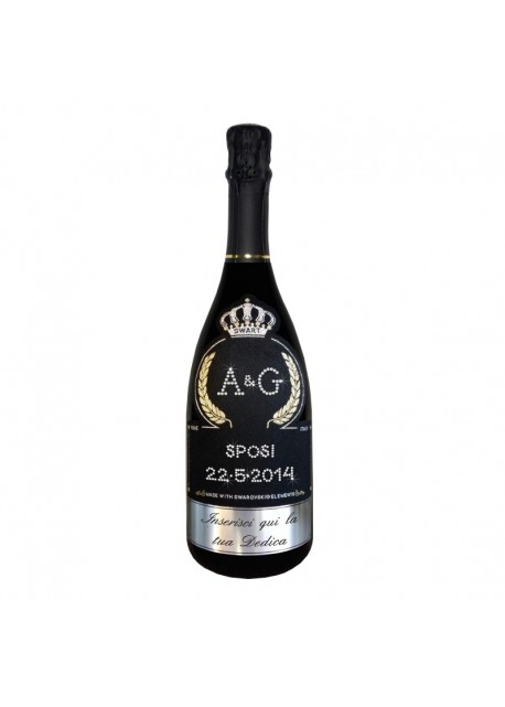 Bottiglia personalizzata con Swarovski Prosecco De Faveri Treviso Brut - Auguri di Matrimonio con iniziali,sposi e data