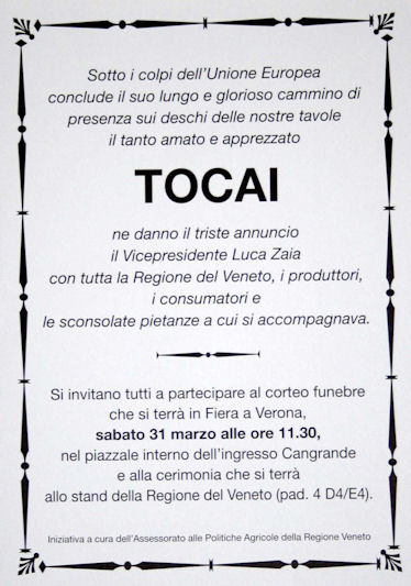 L'Assessorato delle politiche agricole del Veneto saluta il Tocai Annuncio con cui si dice addio al nome Tocai